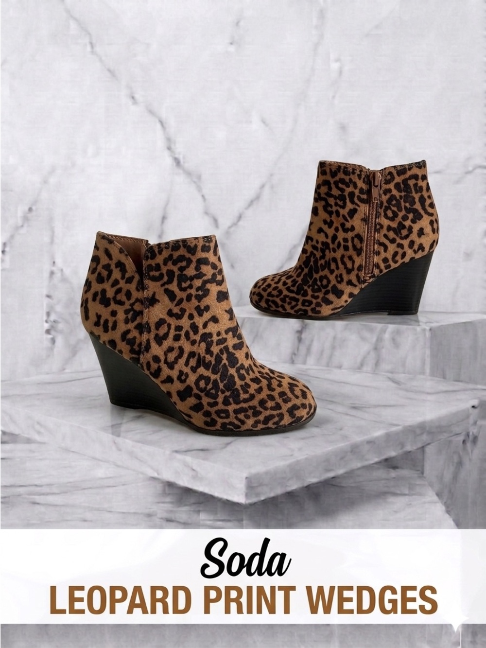 Soda Leopard Print Wedge Booties - Brown/Black Size 6.5